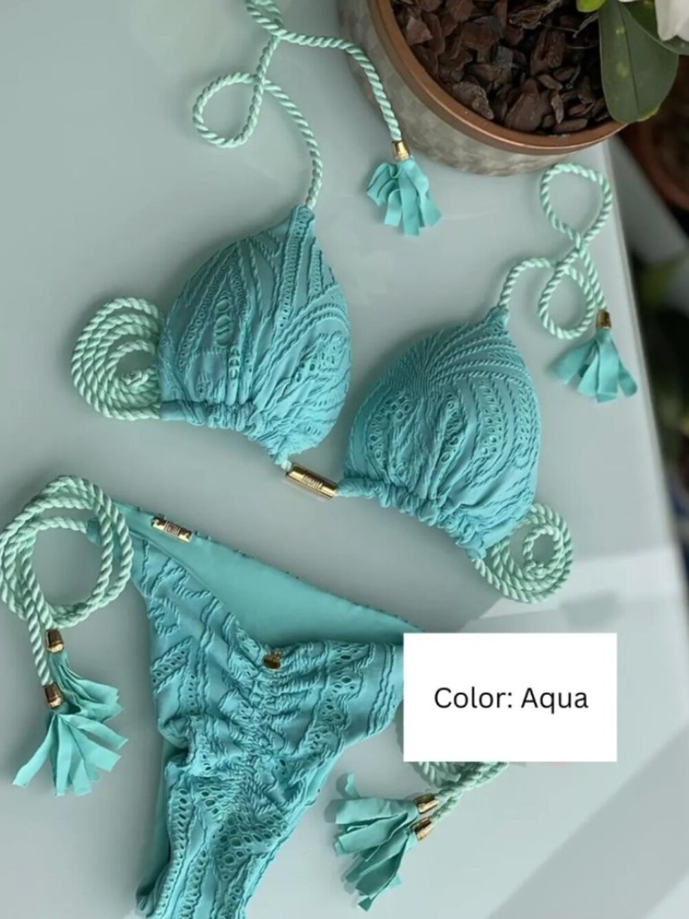Aqua Brazilian Lace Bikini Set | Triangle Tie-Side Swimwear